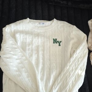 White Cable Knit Sweater with Green Logo